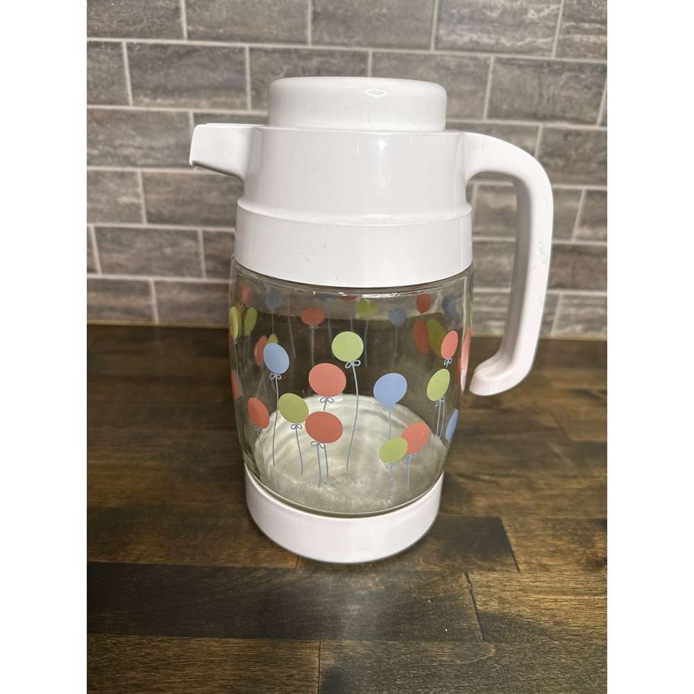 Vintage Dolf Glass Carafe Pitcher White Balloon Print Retro Kitchenware Taiwan